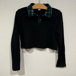 kids black green plaid collar cropped long sleeve top shirt preppy school girl